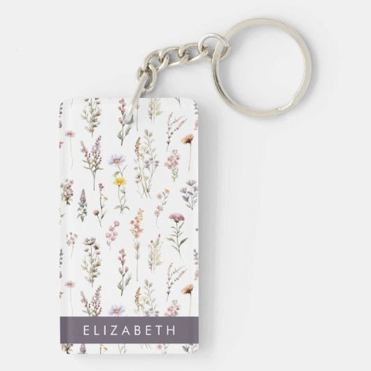 Kleurrijke bloemen, wilde bloemen, groen, Jouw naa Sleutelhanger (achterkant)