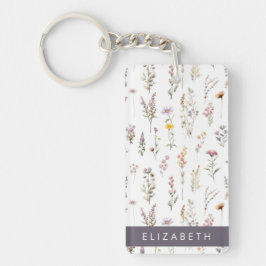 Kleurrijke bloemen, wilde bloemen, groen, Jouw naa Sleutelhanger