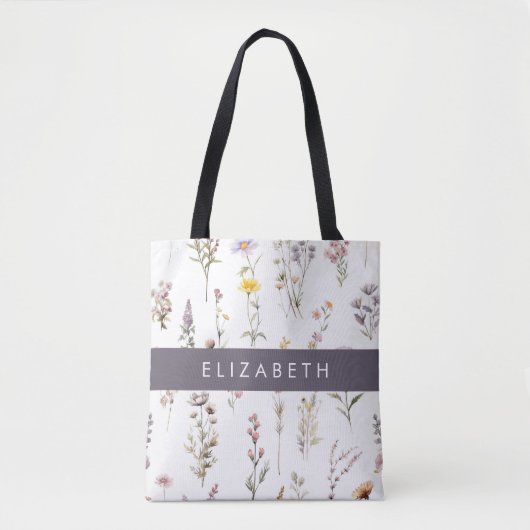 Kleurrijke bloemen, wilde bloemen, groen, Jouw naa Tote Bag (Voorkant)