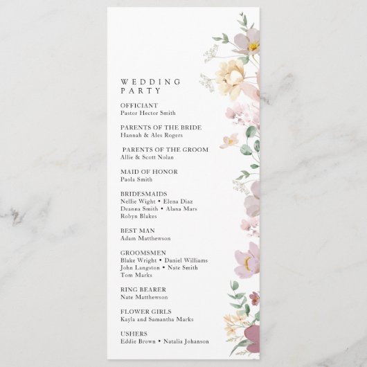 Kleurrijke bloemen, wilde bloemen, huwelijksprogra programmakaart (Achterkant)