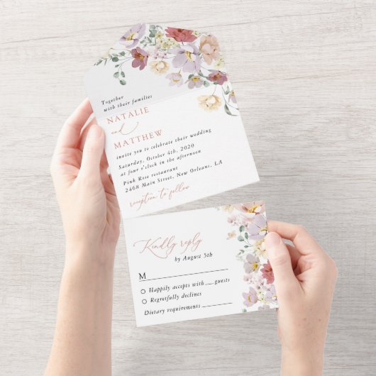 Kleurrijke bloemen, Wildflowers, Boho, Wedding All In One Uitnodiging (Afscheurbaar)