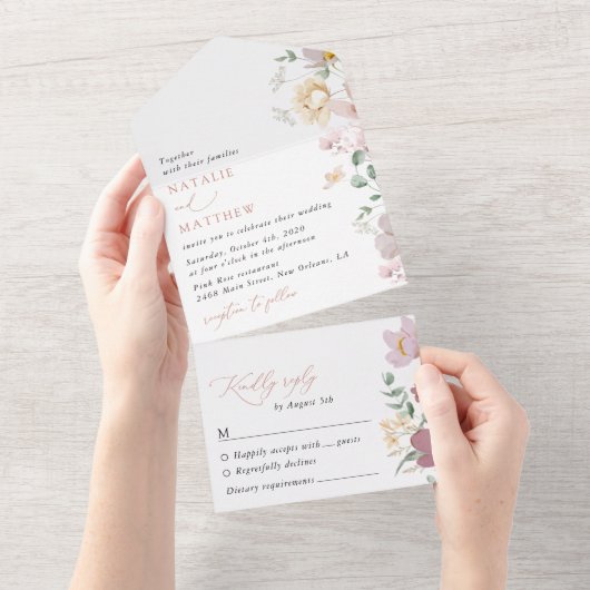Kleurrijke bloemen, Wildflowers, Boho, Wedding All In One Uitnodiging (Afscheurbaar)