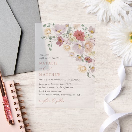 Kleurrijke bloemen, Wildflowers, Boho, Wedding Vellum Uitnodigingen (Huwelijk)