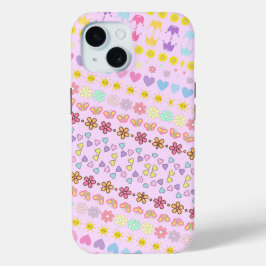 Kleurrijke Bloemen Zon & Harten Patroon, Roze Bloe iPhone 15 Case