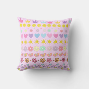 Kleurrijke Bloemen Zon & Harten Patroon, Roze Bloe Kussen