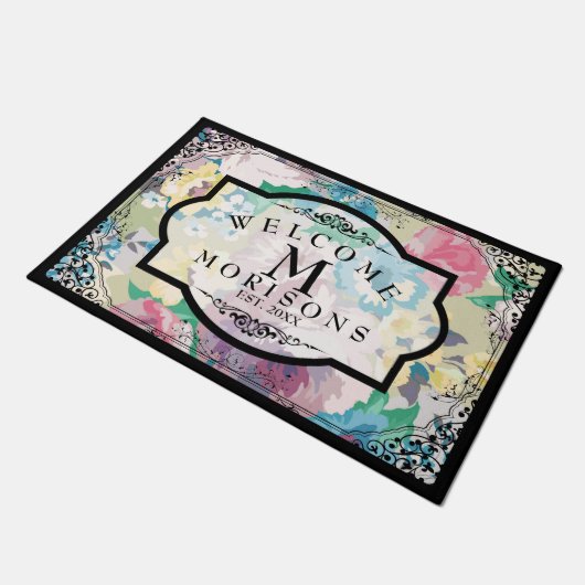 Kleurrijke Bloemen & Zwart  Bloemen Lijst Deurmat (Schuin)