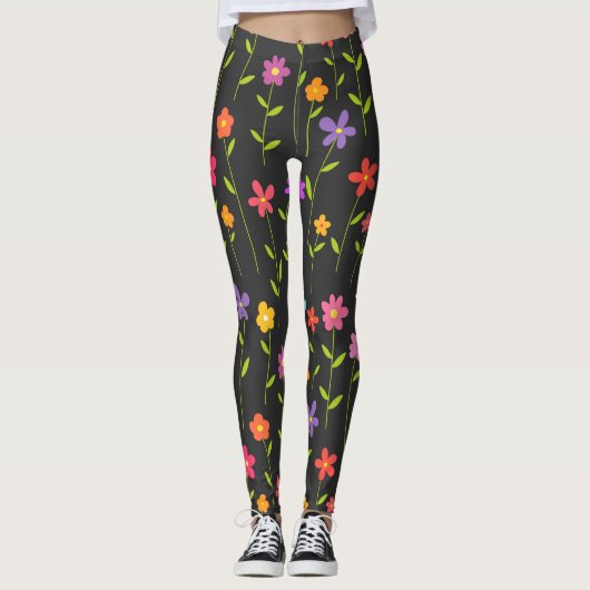 Kleurrijke bloemen zwart leggings (Voorkant)