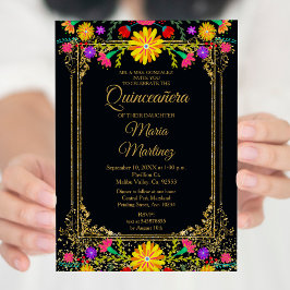 Kleurrijke bloemen & zwarte achtergrond Quinceañer Kaart