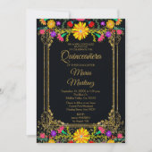 Kleurrijke bloemen & zwarte achtergrond Quinceañer Kaart (Voorkant)