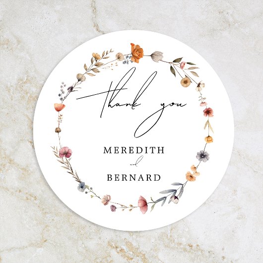 Kleurrijke bloemenbruiloft dank u gunst ronde sticker