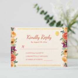Kleurrijke bloemenbruiloft lijst beige chinese bru RSVP kaartje