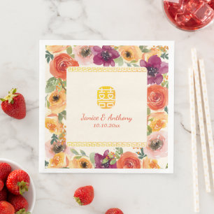 Kleurrijke bloemenbruiloft lijst beige chinese bru servet