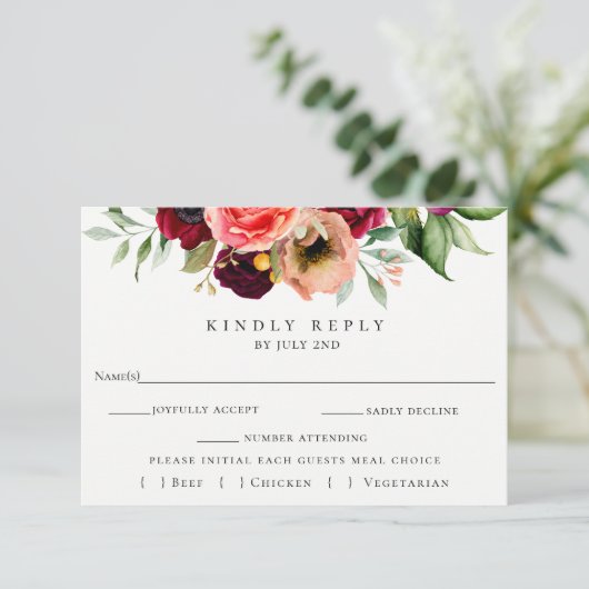 Kleurrijke Bloemenbruiloft RSVP met Maaltijd Keuze (Staand voorkant)