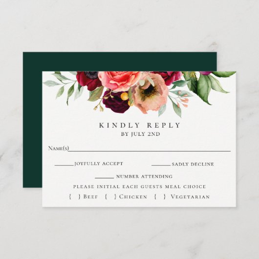 Kleurrijke Bloemenbruiloft RSVP met Maaltijd Keuze (Voorkant / Achterkant)