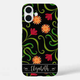Kleurrijke Bloemendamask Zonnebloem Boho Zwart Vol iPhone 16 Plus Hoesje