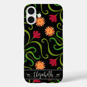 Kleurrijke Bloemendamask Zonnebloem Boho Zwart Vol iPhone 16 Plus Hoesje
