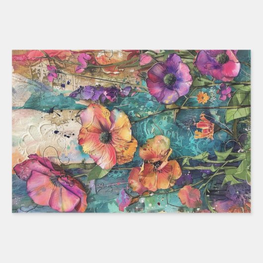 Kleurrijke  bloemendecoupage rustieke textuur inpakpapier vel (Voorkant)