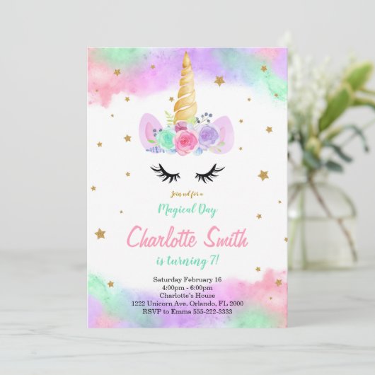 Kleurrijke bloemeneenhoorn uitnodiging (Staand voorkant)