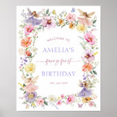 Kleurrijke Bloemenfee Eerste 1e Verjaardag Welkom Poster (Voorkant)