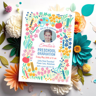 Kleurrijke bloemenfoto peuterschool afstuderen kaart