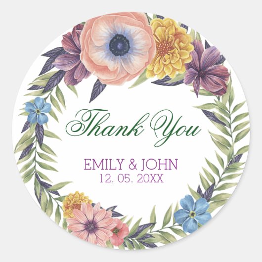 Kleurrijke bloemenkrans-dank u ronde sticker (Voorkant)