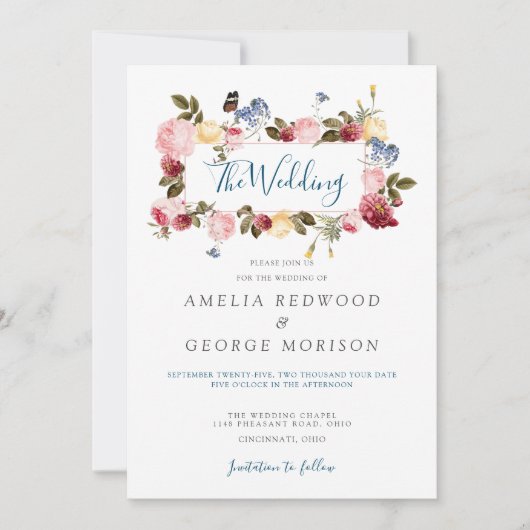 Kleurrijke bloemenkrans en vlinderbruiloft kaart (Voorkant)