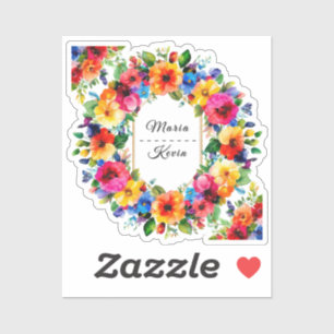 Kleurrijke bloemenkrans voor trouwfeest sticker