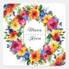 Kleurrijke bloemenkrans voor trouwfeest vierkante sticker