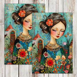 KLEURRIJKE BLOEMENMEISJE IN DE LENTE TUIN DECOUPAG TISSUEPAPIER