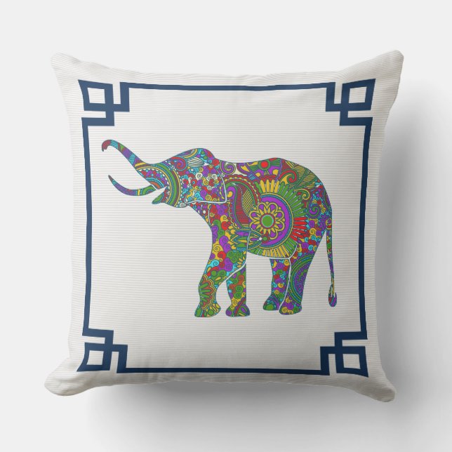 Kleurrijke bloemenolifant blauw Lijst Buitenkussen (Voorkant)