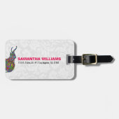 Kleurrijke bloemenolifant witte damast bagagelabel (Voorkant horizontaal)