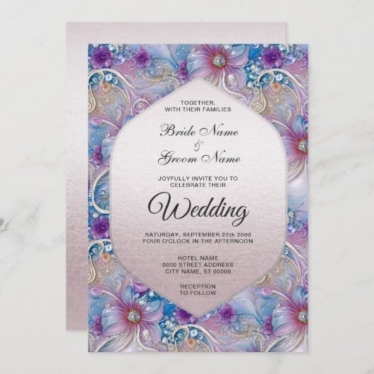 Kleurrijke bloemenparel Pareltjes bruiloft uitnodi Kaart (Voorkant / Achterkant)