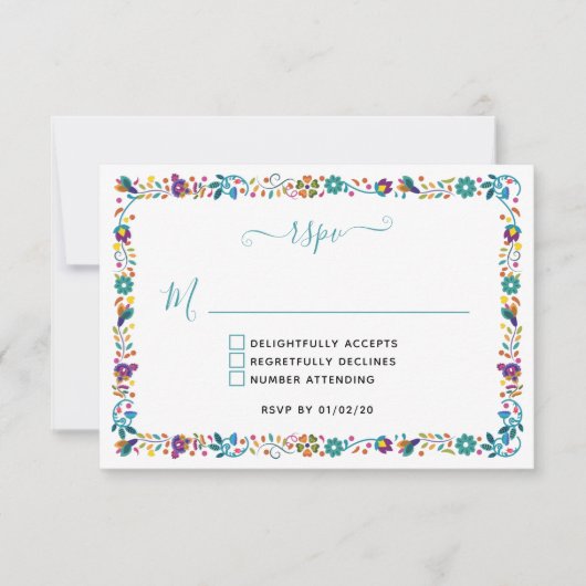Kleurrijke bloemenpatroon Mexicaanse bruiloft RSVP Kaartje (Voorkant)