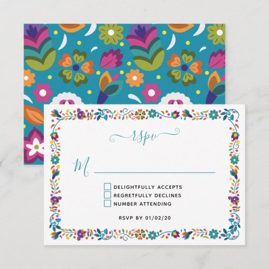 Kleurrijke bloemenpatroon Mexicaanse bruiloft RSVP Kaartje (Voorkant / Achterkant)
