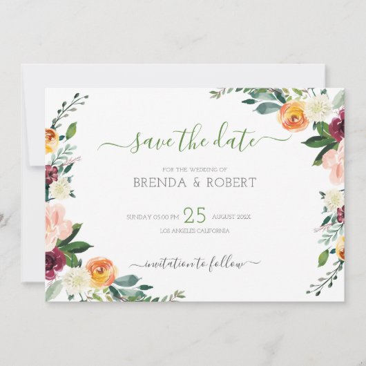 Kleurrijke bloemenrand save the date (Voorkant)