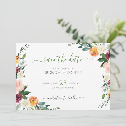 Kleurrijke bloemenrand save the date (Staand voorkant)