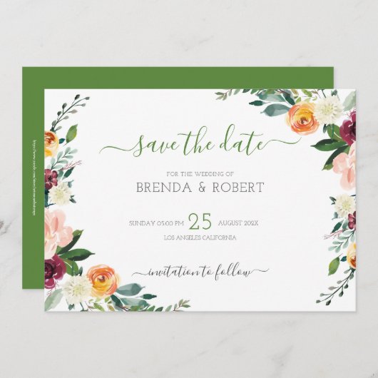 Kleurrijke bloemenrand save the date (Voorkant / Achterkant)
