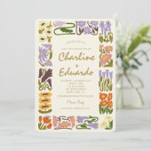  kleurrijke bloemenretro bruiloft kaart (Staand voorkant)