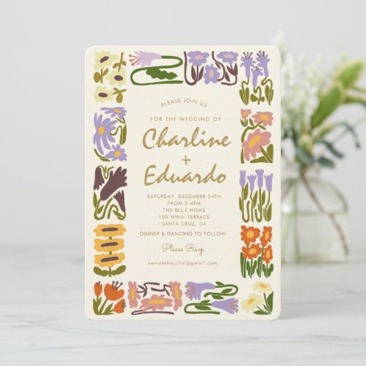 kleurrijke bloemenretro bruiloft kaart (Staand voorkant)