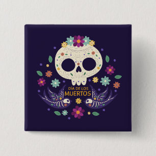 Kleurrijke Bloemenschedel Dia de Muertos   Button