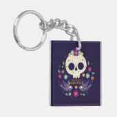 Kleurrijke Bloemenschedel Dia de Muertos | Button  Sleutelhanger (Voorkant Links)