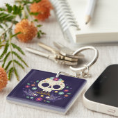 Kleurrijke Bloemenschedel Dia de Muertos | Button  Sleutelhanger (Voorkant Rechts)