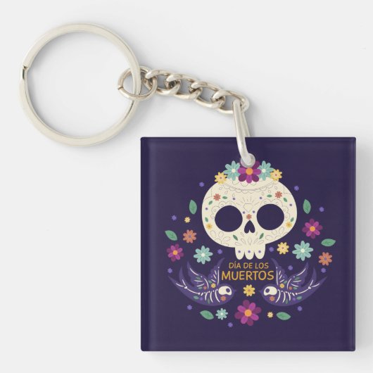 Kleurrijke Bloemenschedel Dia de Muertos | Button  Sleutelhanger (Voorkant)