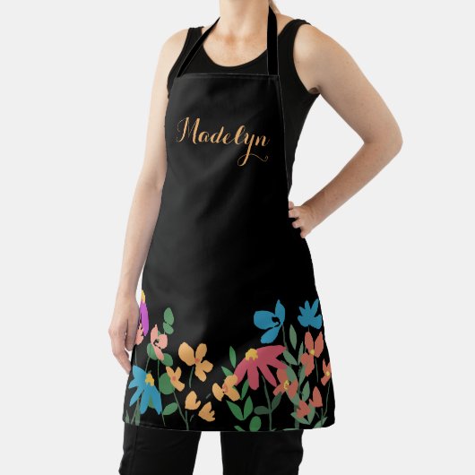 Kleurrijke bloemenscript naam gepersonaliseerd schort (Insitu)