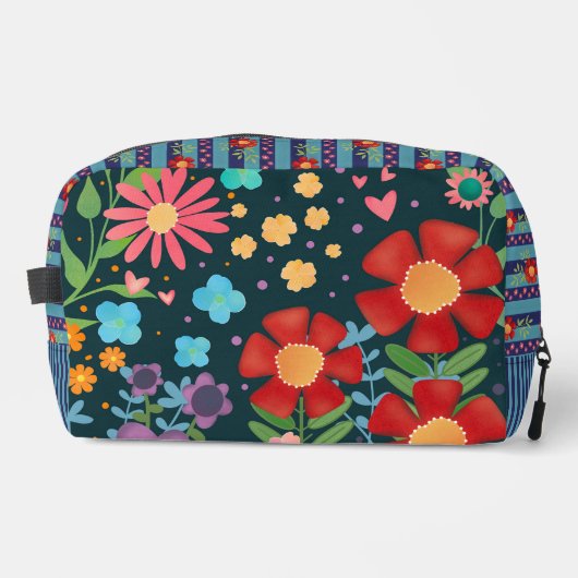 Kleurrijke bloemenstreep rood blauw vrolijk toilettasje (Voorkant)