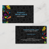 Kleurrijke bloemensuiker schedel & zwarte damasks visitekaartje (Voorkant / Achterkant)