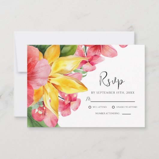 Kleurrijke bloementropische exotische bruiloft RSVP kaartje (Voorkant)