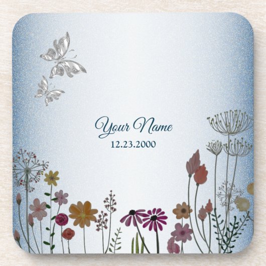 Kleurrijke bloementuin Blauwe glitters bruiloftsfe Bier Onderzetter (Voorkant)