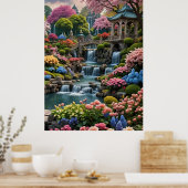 Kleurrijke bloementuin met watervallen poster (Keuken)