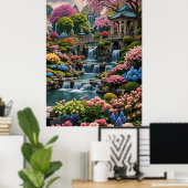 Kleurrijke bloementuin met watervallen poster (Thuiskantoor)